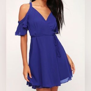 Lulus Bombshell Royal Blue Off-the-Shoulder Wrap Dress